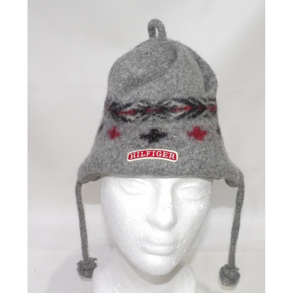 Tommy Hilfiger Gray Wool Fair Isle Trapper Hat Ear Flap Tassel Pom Pom Beanie